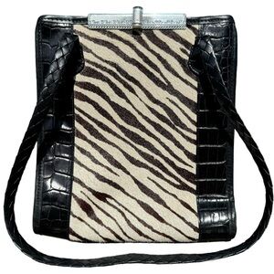 Brighton Leather Zebra Shoulder Bag, Croc accent, Red Canvas Lining VTG, Silver